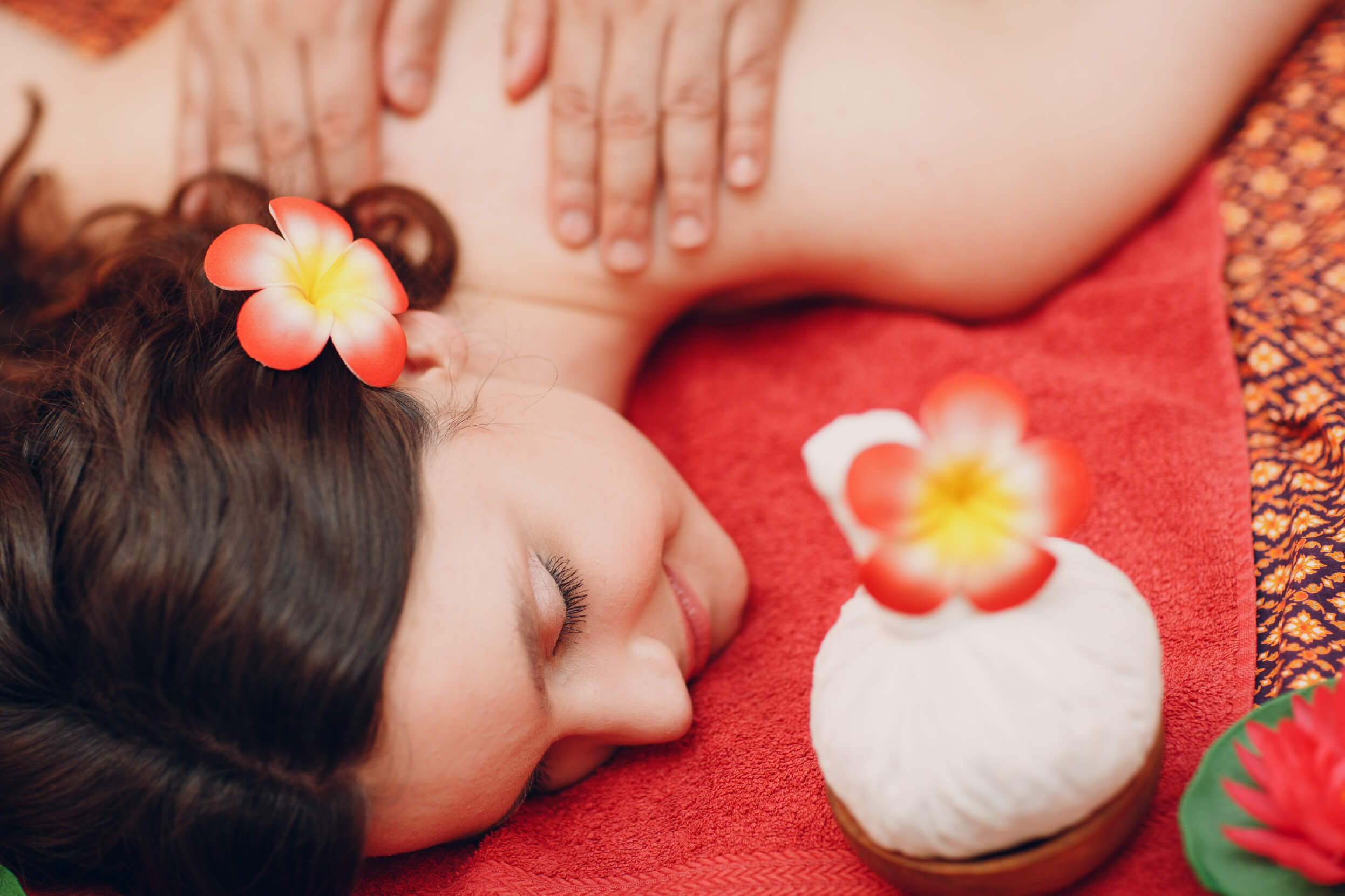 Thai man making classical thai massage procedure young woman beauty spa